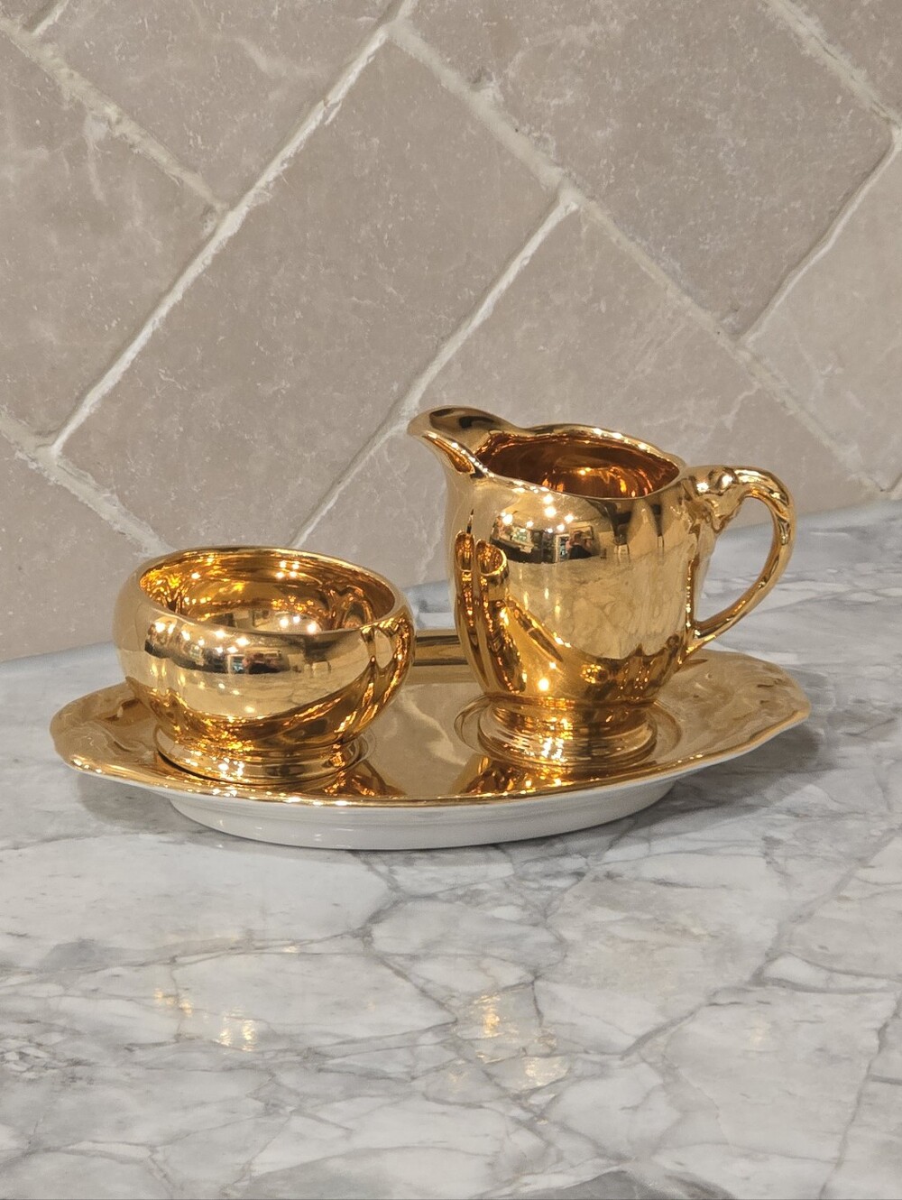 Antique Royal Winton Grimwades Gold Creamer & Sugar Bowl W/Tray England Tea Set